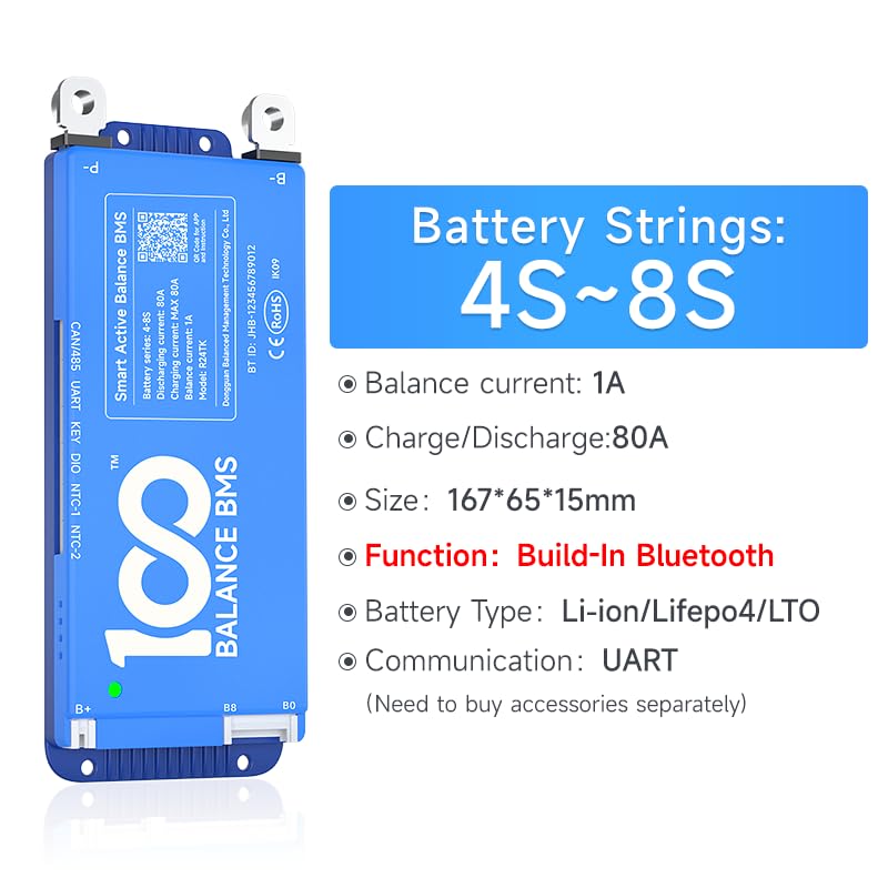 100BALANCE 80A 4S-8S Smart BMS Srandard Version with Active Balancer and Build-in Bluetooth APP/UART for Lithium Battery NCM/LFP/LTO Pack