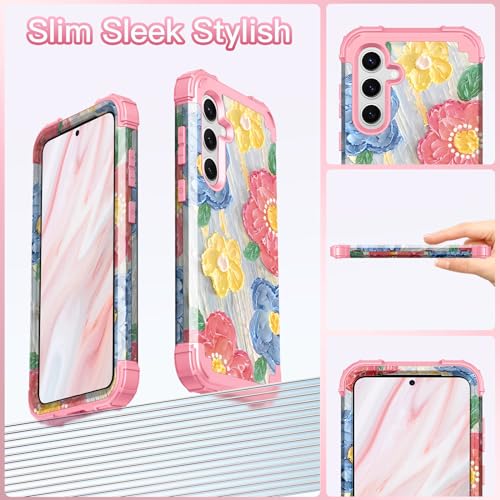 LONTECT for Galaxy S24 Plus 5G Case Shockproof 3 in 1 Heavy Duty Hybrid Rugged Full Body Protective Cute Oil Painting Flowers Cover Case for Samsung Galaxy S24+ Plus 5G 6.7 2024,Light Purple