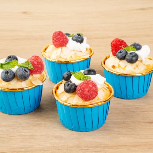 Restaurantware Panificio 3.5 Ounce Baking Cups 50 Greaseproof Foil Cups - Lids Sold Separately Oven-Ready Blue Foil Paper Muffin Liners Microwavable Disposable