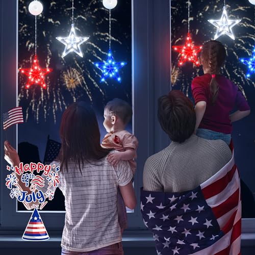 oopswow Red White and Blue Lights,3 Pack 45LED 4th of July Patriotic Lights with Timer Function,Battery Operated Star Lights for Window,Fourth of July Decoration,Independence day,Labor Memorial Day