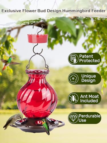 Hummingbird Feeder, Auslar 26 Ounces Glass Hummingbird Feeders for Outdoors Hanging Ant and Bee Proof, Ant Moat & 5 Flower Feeding Ports, Rustproof, Leakproof, Netted Flower Bud Shape Bottle, Red
