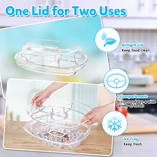 Chilled Serving Tray, 15" Clear Plastic Party Platter with 4 Compartments, Ice Serving Bowl with Bamboo Sticks, Stainless Spoons Forks Clamps, Appetizer Serving Tray on Ice for Veggie, Appetizer