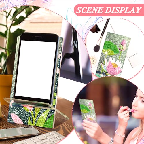 NUFTVI Diamond Painting Phone Holder Kits, 5D Full Crystal Diamond Art & Mirror Craft Kits Gift for Adult, Tabletop Decoration (2 Pack, Lotus/Lily)