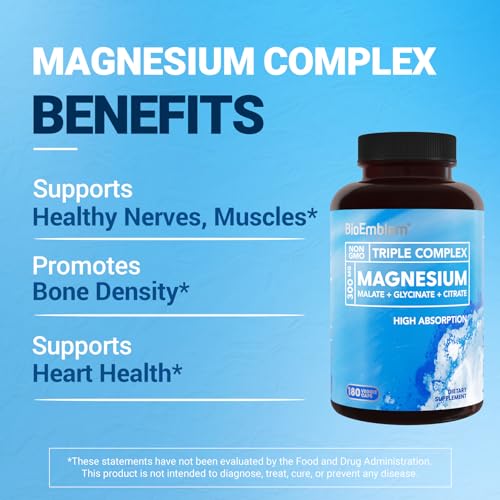 BioEmblem Triple Magnesium Complex | 300mg of Magnesium Glycinate, Malate, & Citrate for Muscles, Nerves, & Energy | High Absorption | Vegan, Non-GMO | 90 Capsules