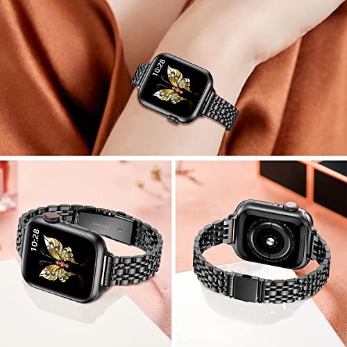 MioHHR Slim Metal Band Compatible with Apple Watch Band 42mm(Series 10) 41mm 40mm 38mm,Dressy Stainless Steel Chain Strap for Women iWatch Bands Series 9 8 7 6 5 4 3 2 1 SE,Black