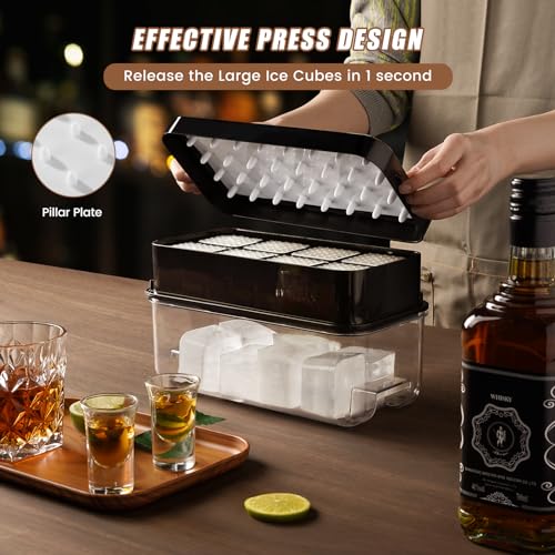 PHINOX Large Ice Cube Tray with Lid and Bin, Ice Trays for Freezer, 2 INCH Whiskey Ice Cubes Mold, 1*8 pcs Square Ice Cube Mold with Tong, Easy to Release, Large Ice Tray for Whiskey Cocktail Bourbon