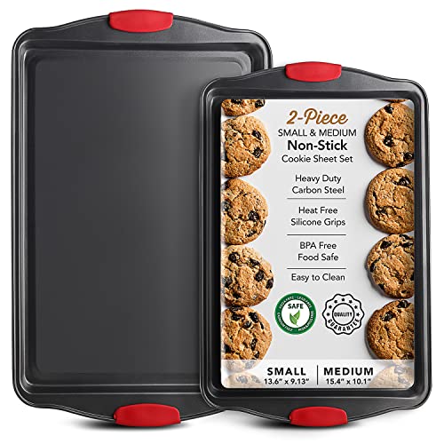 Baking Sheet Set, 2-Piece Cookie Sheet Set with Silicone Handles, Steel Baking Pan, Durable Baking Sheets for Oven, BPA Free Cookie Sheets for Baking Nonstick Set, Premium Sheet Pan, Black Baking Tray