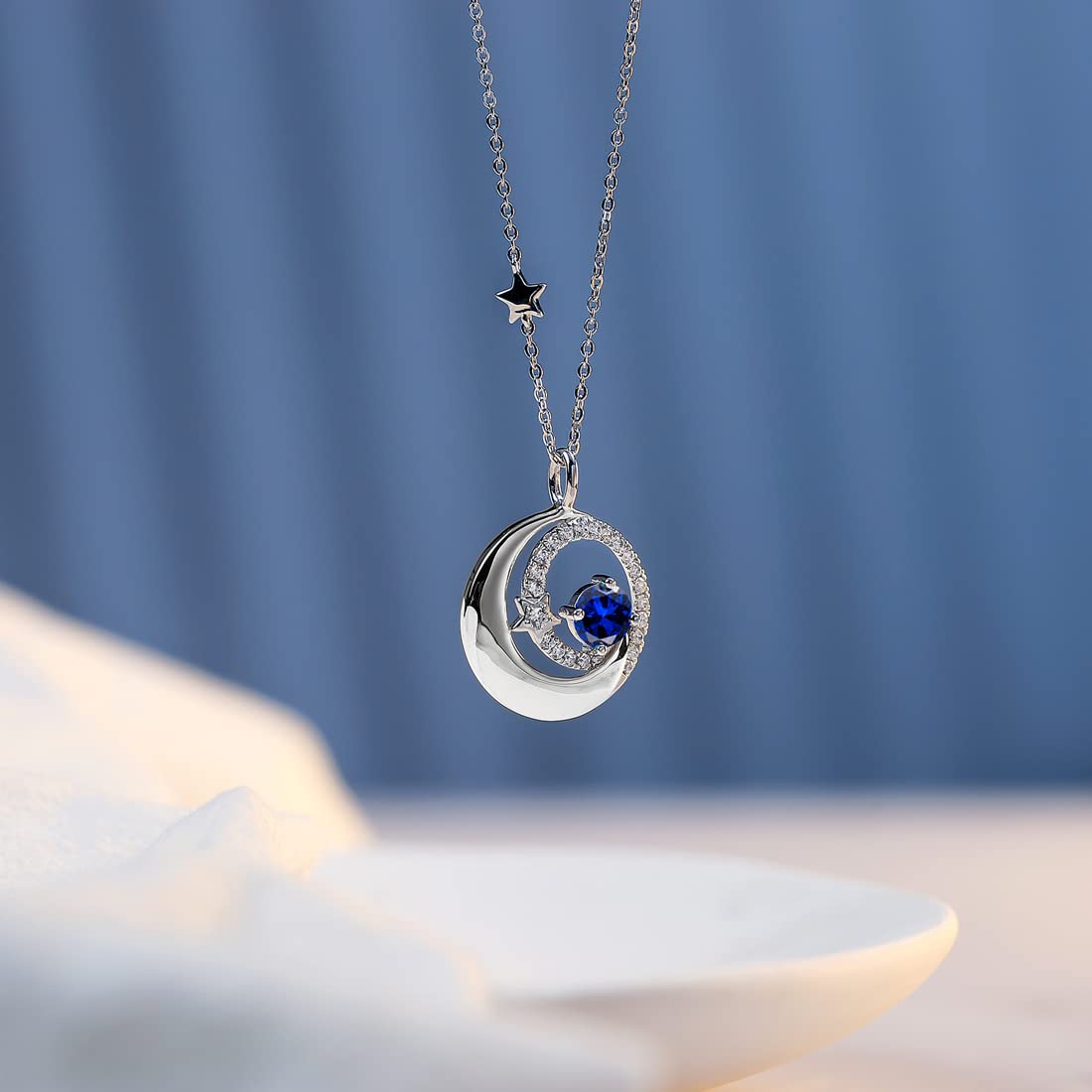 FANCIME Moon Star Necklaces September Birthstone Blue Sapphire Pendant Jewelry 925 Sterling Silver Birthday Anniversary Christmas Gifts for Women Mom Daughter, Adjustable Chain 16"+2"