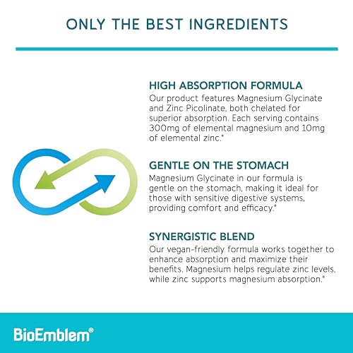 BioEmblem Magnesium Glycinate with Zinc - 300mg Chelated Magnesium Supplement - High Absorption Vegan Non-GMO 2-in-1 Complex - Immune Support, Muscles, Nerves - 90 Capsules