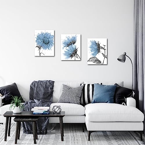 LevvArts Watercolor Abstract Flower Canvas Wall Art Wild Sunflower Painting Picture Prints White and Blue Bathroom Decorations (Blue, Small)