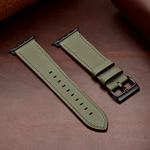 OUHENG Compatible with Apple Watch Band 42mm (Series 10) 41mm 40mm 38mm, Genuine Leather Band Replacement Strap Compatible with Apple Watch Series 10/9/8/7/6/5/4/3/2/1/SE2/SE, Dark Blue/Blue