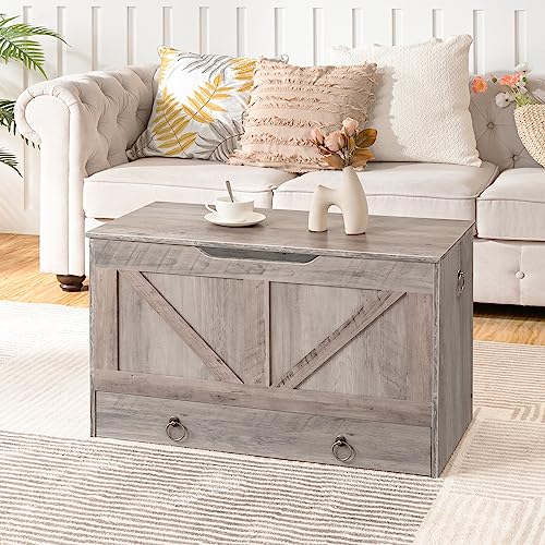 HOOBRO Storage Chest, 29.5" Toy Chest with Drawer, Wooden Storage Bench, Sturdy Entryway Bench Supports 220 lb, Shoe Bench, Safety Hinge, U-Shaped Opening, Easy Assembly, Greige BG71CW01