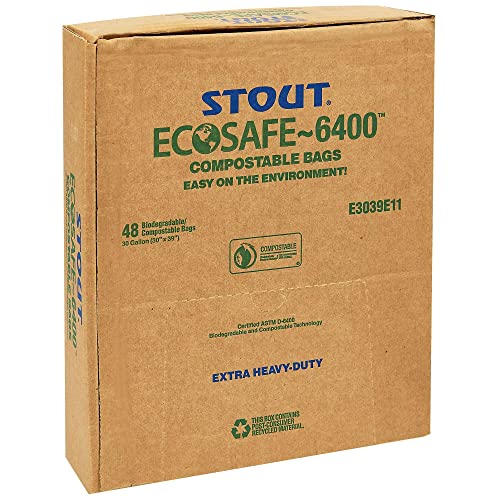 STOUT by Envision E2430E85 EcoSafe-6400 Compostable Bags, 24" x 30", 13 gal capacity, 0.85 mil thickness, Green (Pack of 45)