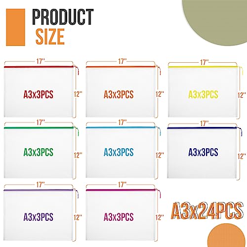 24pcs Mesh Zipper Pouch File Bags Puzzle Storage Bags, A3 17x12 Inches Large Reusable Zipper Pouches for Organizing Classroom Board Game Organization