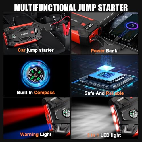 Car Jump Starter, 3000A Portable Car Battery Charger for Up to 8.5L Gas & 8.0L Diesel Engines, 12V Car Jump Box with 4 Modes Flashlight, Power Bank Function, Smart Jumper Cables