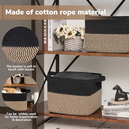 Goodpick Black Woven Rope Basket Set of 3, Shelf Storage Baskets for Books, Towels, clothes, Rectangle Decorative Basket for Living Room, Bedroom, Toy Bin for Nursery