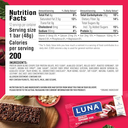 LUNA Bar - Chocolate Peppermint Stick - Gluten-Free - Non-GMO - 7-9g Protein - Made with Organic Oats - Low Glycemic - Whole Nutrition Snack Bars - 1.69 oz. (12 Pack)