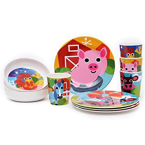 French Bull 4pc Toddler Kids Feeding Melamine Tableware Flatware BPA Free Dishwasher Safe, Durable Plate, Cup, Bowl, Divided Tray Dinnerware Set, Juice, Farm, 4pc juice cup set (74392)