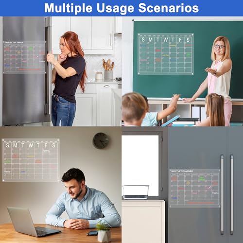 HBlife Clear Acrylic Magnetic Monthly Calendar for Fridge, 12 x 16 Dry Erase Planning Board for Refrigerator includes 8 Colorful Markers, Markers Holder and Wipe