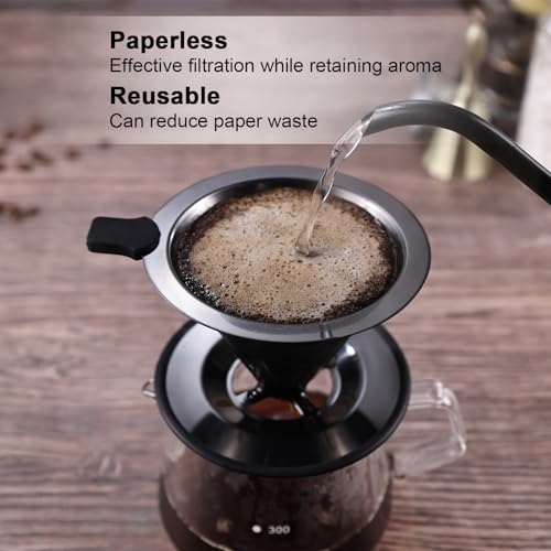 Single Cup Pour Over Coffee Dripper CAMPINGLIFE Reusable Stainless Steel Pour Over Coffee Filter Paperless Metal Coffee Strainer Coffee Maker(Black)