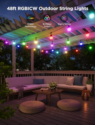 Govee Smart Outdoor String Lights 2, 48ft RGBIC Outdoor Lights with Dimmable Warm White LED Bulbs for Halloween, 47 Scene Modes for Patio, Backyard, IP65 Waterproof, Works with Alexa, App Control