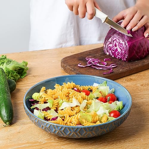 Sureasy Ceramic Pasta Bowls, 30oz Large Salad Bowl, 8.5 inch Embossed Serving Bowl for Kitchen, Wide and Shallow Plates Bowls Set of 4, Microwave, Oven and Dishwasher Safe, Gifts, Blue