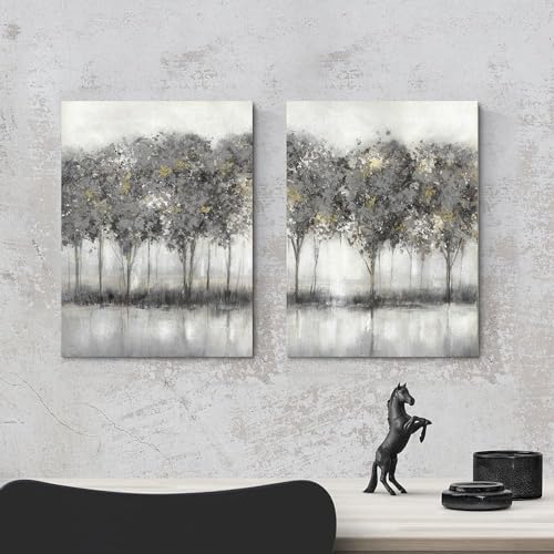 summer melody Green Forest Canvas Wall Art: 2 Pieces Modern Landscape Picture Abstract Tree Painting Rustic Nature Scenery Print Contemporary Countryside Artwork for Living Room Bedroom