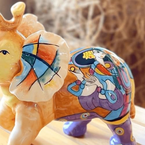 FORLONG Ceramic Collectible Figurines Statue，3D Hand-Painted Rural Scenery Elephant with Trunk Raised statue Decoration（Large）