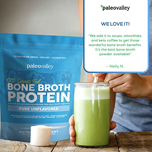 Paleovalley 100% Grass Fed Bone Broth Protein Powder - Chocolate - Rich in Collagen for Hair, Skin, Gut Health, Bone and Joint Support - 28 Servings