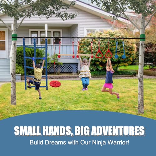 Slsy Ninja Warrior Obstacle Course for Kids, 50FT Durable Ninja Slackline Kit with 8 Complete Accessories, Playset Equipment with Swing, Climbing Net, Ladder & Monkey Bars (8 Obstacles)