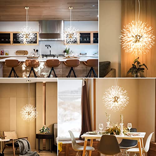 Modern Gold Crystal Chandeliers Firework, 8-Light Dandelion Chandelier, Semi Flush Mount Ceiling Light Fixtures, Stainless Steel Pendant Light for Bedroom Foyer Hallway Entryway Kitchen, G9 Socket