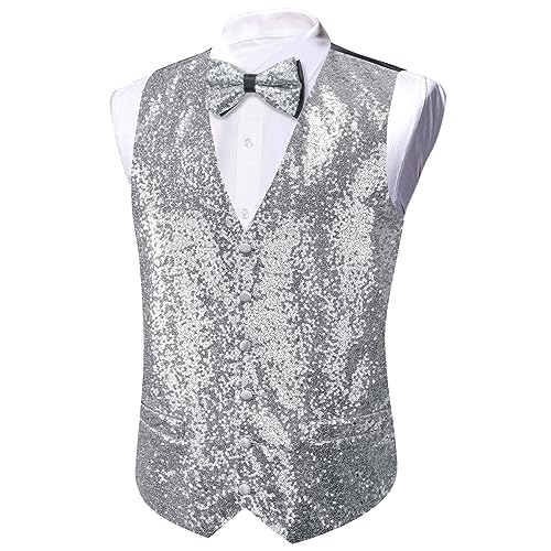 Barry.Wang Mens Black Vest V-neck Silm Fit Suit Waistcoat Bowtie Set Party Prom Tuxedo