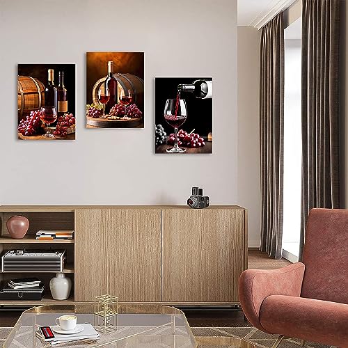 QIXIANG Kitchen Canvas Wall Art 3 PCS Romantic Blue Wine Grape Rose Flowers Eiffel Tower Pictures Prints for Restaurant Bar Decor Framed (Blue, 11.00" x 14.00" x3Pcs)