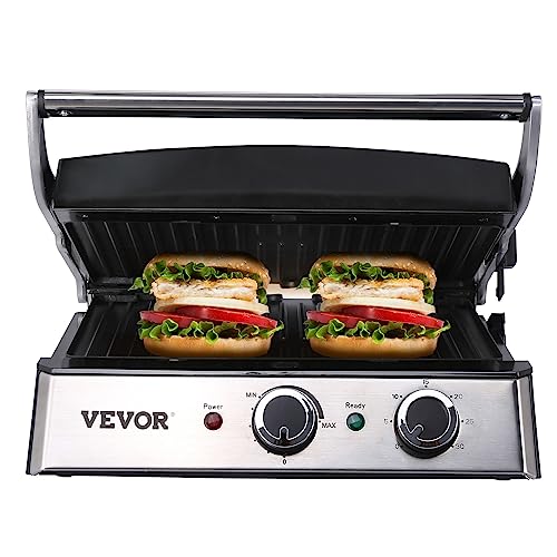 VEVOR Electric Contact Grills, 1500W Indoor Countertop Panini Press Griddle, Sandwich Maker with Non Stick,2 Reversible Iron Cooking Plates,0-446℉ Adjustable Temperature Control,Timer Function,120V