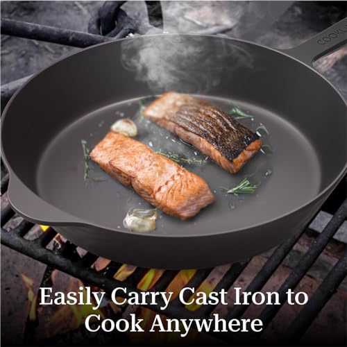 COOKLIFE 10.25 Inch Pre-Seasoned Round Cast Iron Skillet with Cover, Frying Pan with Long Handle - Use in the Oven, Over a Campfire Fire or on the Stovetop, Induction,Grill (Black)