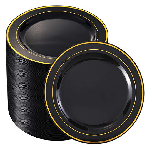 bUCLA 100 Pieces Black and Gold Plastic Plates Disposable - 7.5inch Disposable Salad/Dessert Plates with Gold Rim - Ideal for Halloween,Wedding,Party