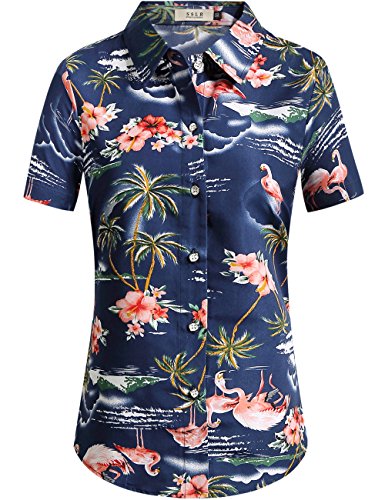 SSLR Hawaiian Shirts for Women Flamingo Shirt Tropical Shirts for Women Summer Casual Short Sleeve (Medium, Light Grey)