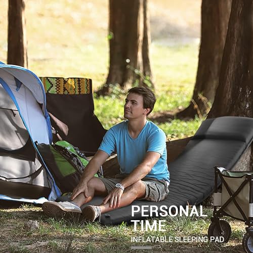 INVOKER Camping Sleeping pad – 3.1 inch UltraThick Elasticity Foam Self-Inflating Insulated Durable Camping Mat Air Mattress with Pillow, for Tent, Car, Camping, Traveling, Blue