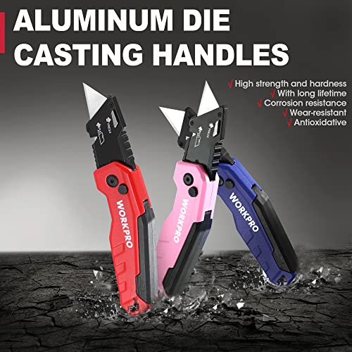 WORKPRO Folding Utility Knife, Quick Change Box Cutter, Razor Knife for Cartons, Cardboard, Boxes, Blade Storage in Aluminum Handle, 13 Extra Blades Included (Blue)