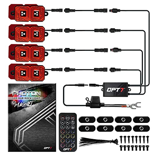 OPT7 Photon RGB LED Magnet Rock Lights with Remote Control, 4 Red Pods Wide Angle Multicolor Neon Underglow Lighting Kit with Extension Wire, IP68 Waterproof for Offroad Truck Jeep RZR ATV UTV SUV