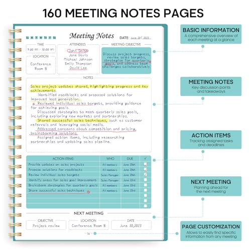 Meeting Notebook For Work Organization - Work Planner Notebook With Action Items, Agenda Planner For Note Taking, 160Pages (6.9" X 9.9") Project Planner For Men & Women - Blue