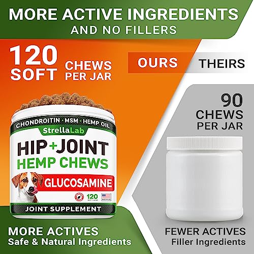 Advanced Hemp + Glucosamine Dog Joint Supplement - Hip Joint Pain Relief - Mobility Hemp Chews for Dogs - Chondroitin, MSM, Omega - Hemp Oil Treats - Made in USA - Lamb Flavor - 120 Hemp Treats