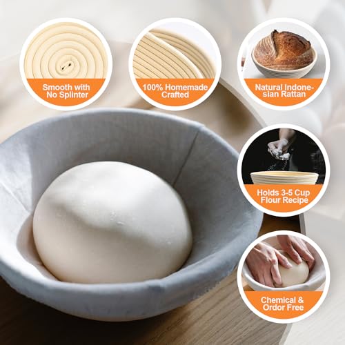Banneton Bread Proofing Basket Set With Sourdough Bread Baking Supplies, Bread Making Kit Include 9''Round 10'' Oval & Baguette Cane Sourdough Proofing Basket With Dough Whisk Scrapers +Bread Lame…