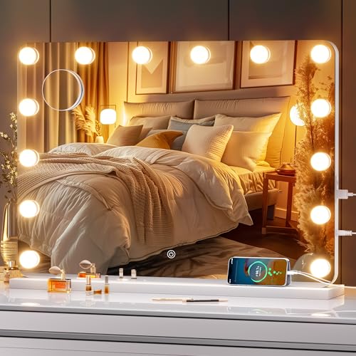 28''X20'' Hollywood Vanity Mirror with Lights, Lighted Makeup Mirror with 14 Dimmable LED Bulbs, 3 Color Lighting Modes & Stepless Dimming, USB & Type-C Charging Port, Wall Mounted Or Tabletop