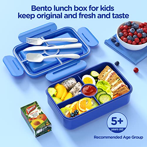 Jelife Bento Lunch Box for Kids - Leakproof Large Bento-Style with 4 Compartments Portions Lunchbox with Tableware Back to School, Reusable On-the-Go Meal and Snack Packing, Blue