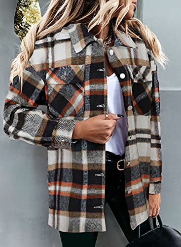 Magritta Womens Thick Shirt with Bust Pockets Cozy V Neck Collared Cuffed Button Down Long Sleeve Shacket Jacket Plus Size Coat Blouse Geometry Orange Medium