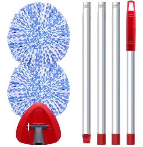 Spin Mop Replace Head Compatible with O-Cedar RinseClean 2 Tank, Mop Replacement Head Handle Base, 2 Microfiber Mop Refills+1 Mop Stick(30-58") +1 Mop Base Combo Set (Blue)