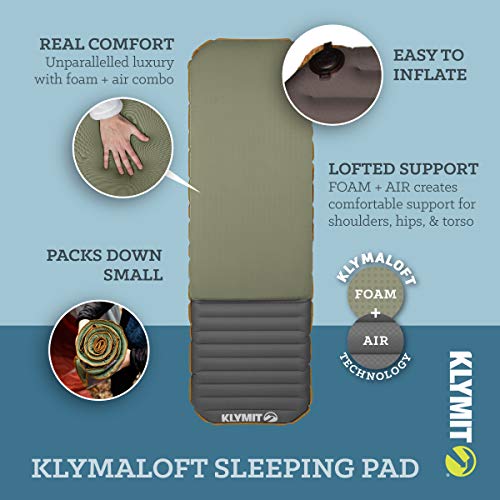 Klymit Klymaloft Extra Large Inflatable Air Bed, Sleeping Pad, Compact, Portable, Inflatable, Supportive, Hybrid, Airplane, Camping, Backpacking, Hammock, Pillow, Grey