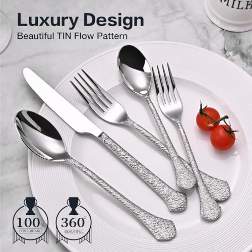 KINGSTONE Premium Silverware Sets, 18/10 Stainless Steel Flatware Set，20-Piece Cutlery with Tin Flow Handles, Dishwasher Safe