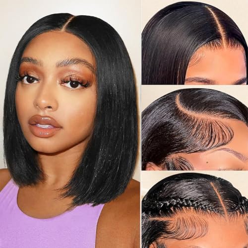 TONGMAY 8 Inch Short Bob Wig Human Hair Straight Bob Lace Front Wigs Human Hair for Women 180% Density Brazilian Virgin Human Hair Bob Wig 13x4 HD Transparent Lace Frontal Bob Wigs Natural Black